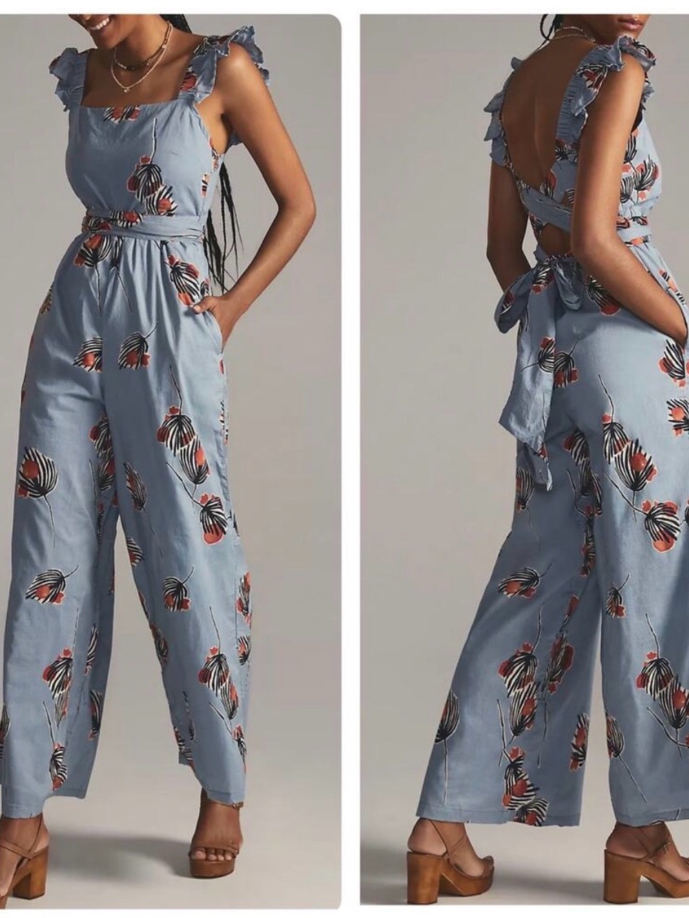 Bel Kazan Blue Floral Ruffle-Strap Jumpsuit
